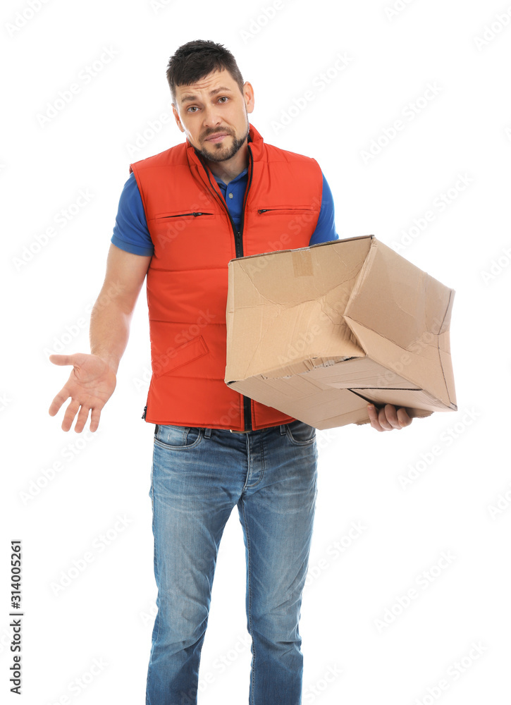 Emotional courier with damaged cardboard box on white background. Poor quality delivery service Emotional courier with damaged cardboard box on white background. Poor quality delivery service