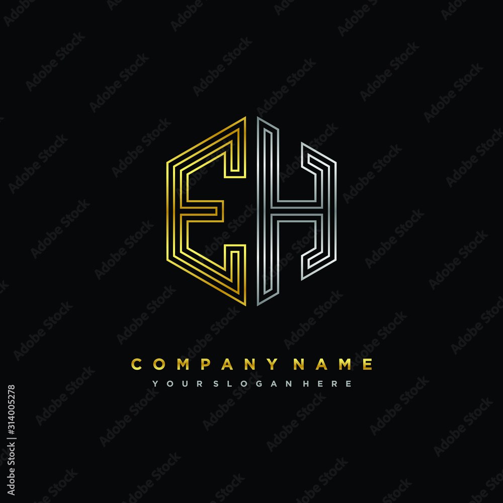 Initial letter EH, minimalist line art monogram hexagon logo, gold and silver color gradation Initial letter EH, minimalist line art monogram hexagon logo, gold and silver color gradation