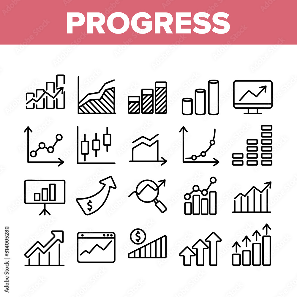 Fototapeta Progress Grow Graphs Collection Icons Set Vector Thin Line. Progress Arrow On Screen Web Site, Magnifier And Dollar Coin Concept Linear Pictograms. Monochrome Contour Illustrations
