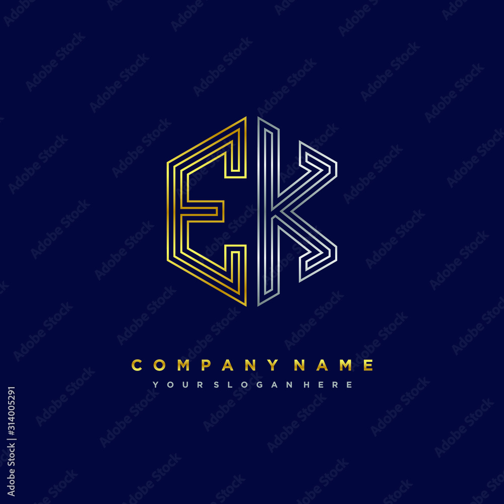Initial letter EK, minimalist line art monogram hexagon logo, gold and silver color gradation Initial letter EK, minimalist line art monogram hexagon logo, gold and silver color gradation