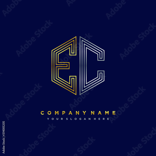 Initial letter EC, minimalist line art monogram hexagon logo, gold and silver color gradation
