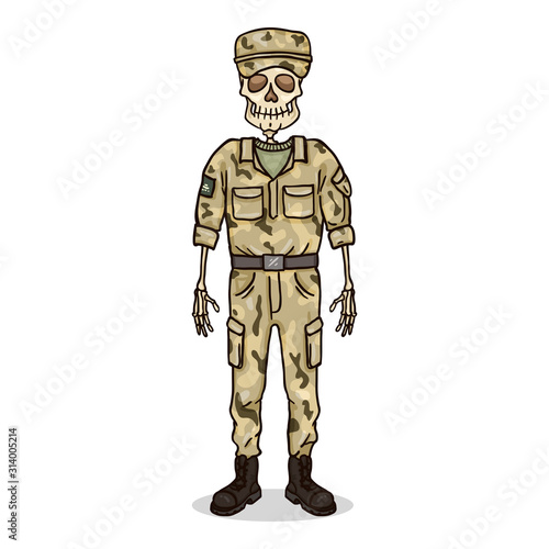 Vector Cartoon Skeleton Character in Military Uniform.