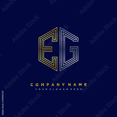 Initial letter EG, minimalist line art monogram hexagon logo, gold and silver color gradation