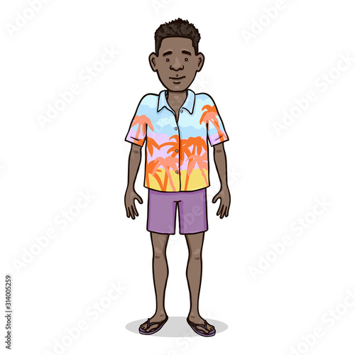Vector Cartoon Character - Young Afroamerican Man in Hawaiian Shirt, Shorts and Slipers