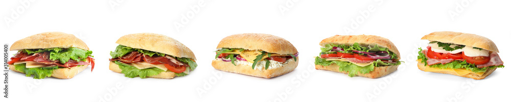 Set of delicious sandwiches on white background. Banner design Set of delicious sandwiches on white background. Banner design