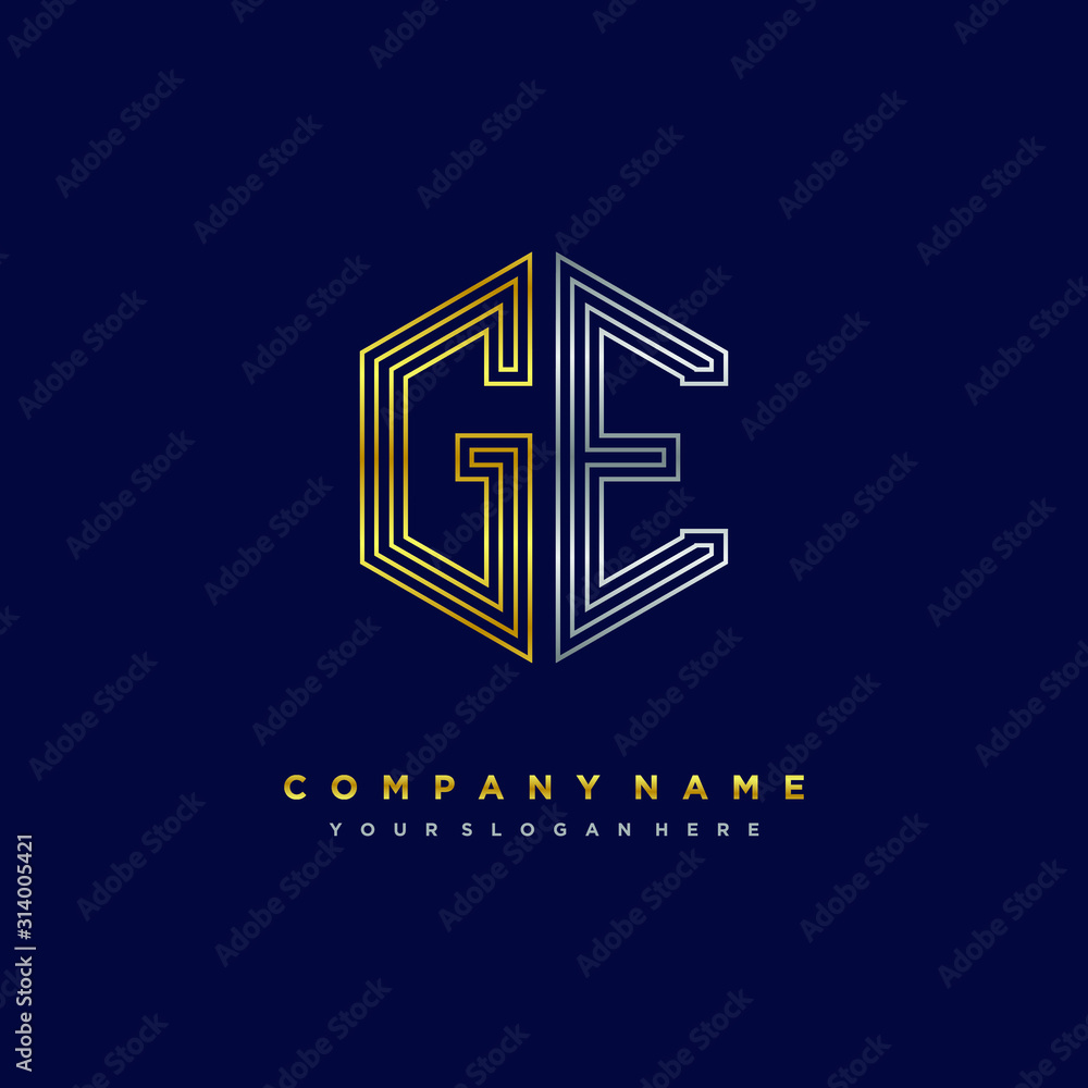 Initial letter GE, minimalist line art monogram hexagon logo, gold and silver color gradation Initial letter GE, minimalist line art monogram hexagon logo, gold and silver color gradation