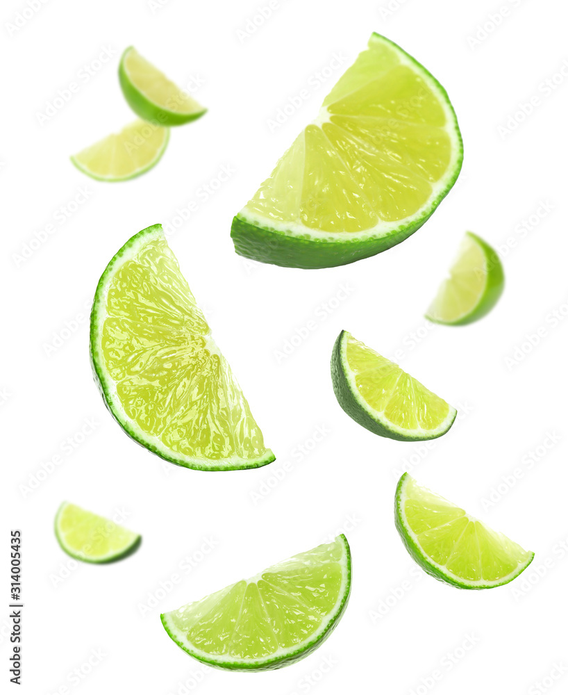 Collage of falling limes on white background Collage of falling limes on white background