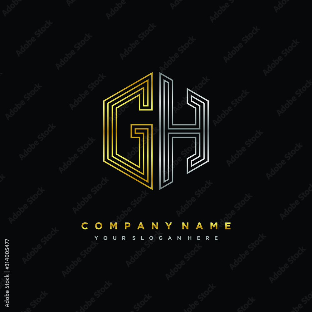 Initial letter GH, minimalist line art monogram hexagon logo, gold and silver color gradation Initial letter GH, minimalist line art monogram hexagon logo, gold and silver color gradation