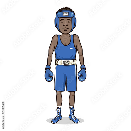 Vector Cartoon Character Young African Man in Blue Boxing Equipment