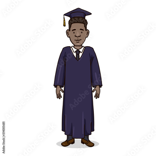 Vector Cartoon Afro American Man in Dark Blue Graduation Gown and Academic Hat