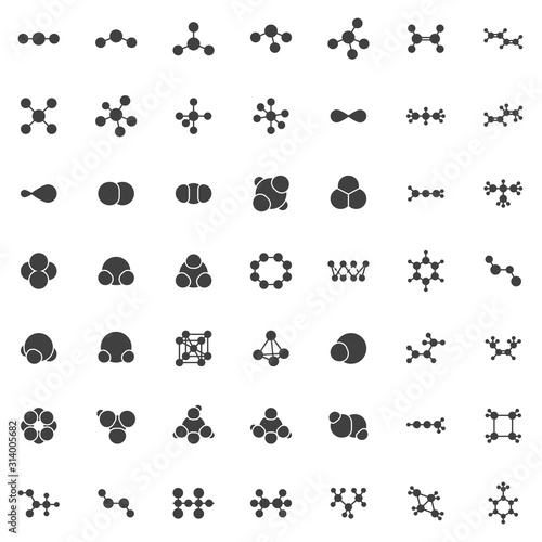 Molecular structure vector icons set, Molecular geometry modern solid symbol collection filled style pictogram pack. Signs logo illustration. Set includes icons as methane gas, sulfur, ethane, toluene