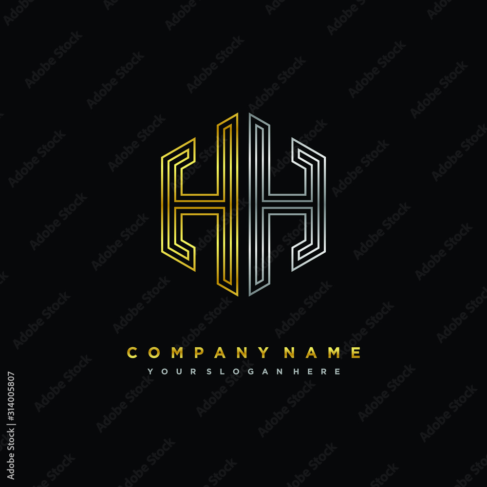 Her H, minimalist line art monogram hexagon logo, gold and silver color gradation Her H, minimalist line art monogram hexagon logo, gold and silver color gradation