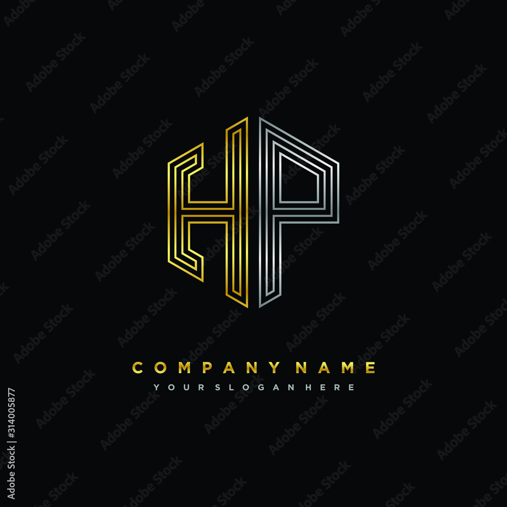Initial letter HP, minimalist line art monogram hexagon logo, gold and silver color gradation Initial letter HP, minimalist line art monogram hexagon logo, gold and silver color gradation