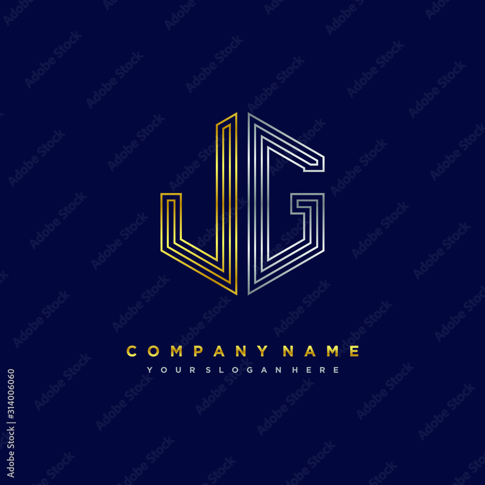Initial letter JG, minimalist line art monogram hexagon logo, gold and silver color gradation Initial letter JG, minimalist line art monogram hexagon logo, gold and silver color gradation