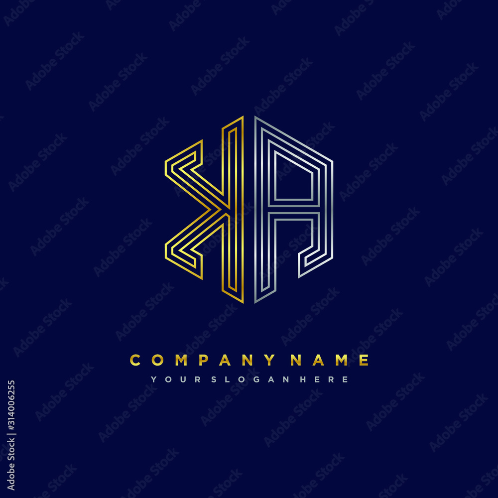 Initial letter KA, minimalist line art monogram hexagon logo, gold and silver color gradation Initial letter KA, minimalist line art monogram hexagon logo, gold and silver color gradation