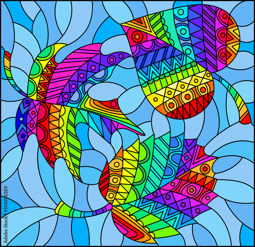Illustration in stained glass style with bright iridescent abstract leaves, patterned leaves on a blue background