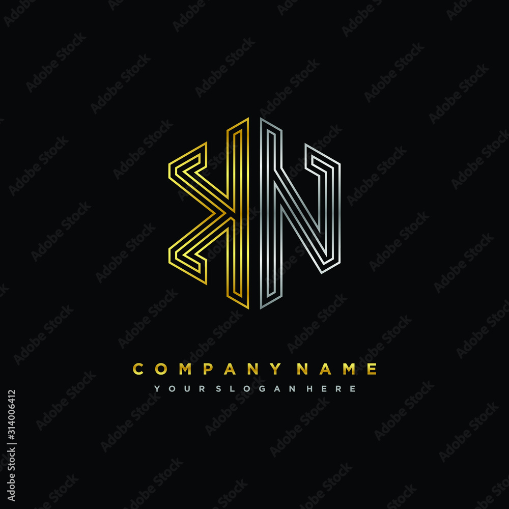 Initial letter KN, minimalist line art monogram hexagon logo, gold and silver color gradation Initial letter KN, minimalist line art monogram hexagon logo, gold and silver color gradation