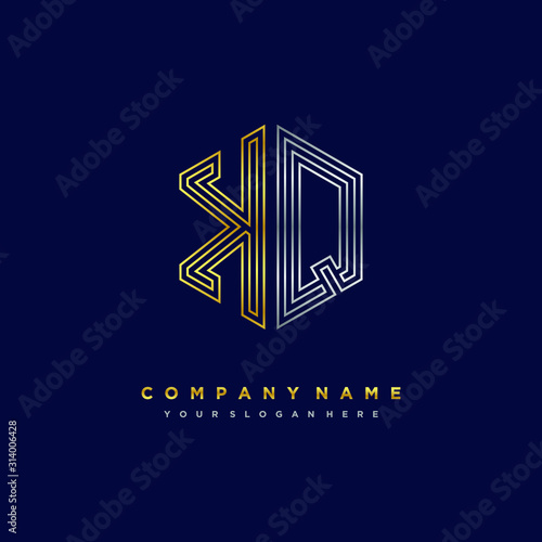 Initial letter KQ, minimalist line art monogram hexagon logo, gold and silver color gradation