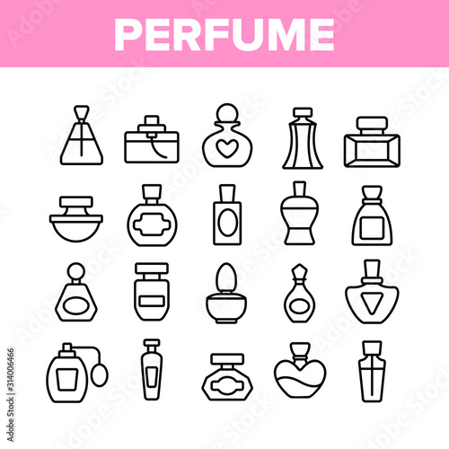 Perfume Containers Collection Icons Set Vector Thin Line. Glass Bottles With Aromatic Perfume In Different Beautiful Forms Concept Linear Pictograms. Monochrome Contour Illustrations