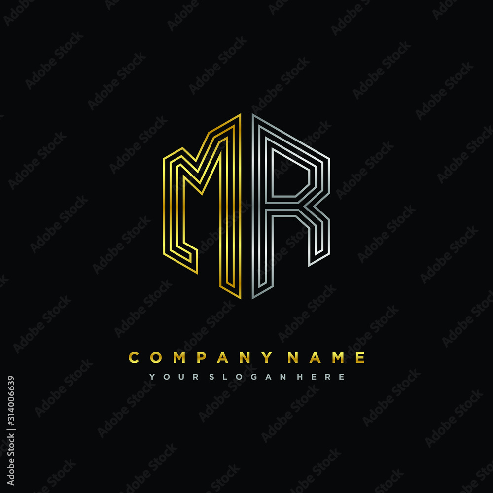 Initial letter MR, minimalist line art monogram hexagon logo, gold and silver color gradation Initial letter MR, minimalist line art monogram hexagon logo, gold and silver color gradation