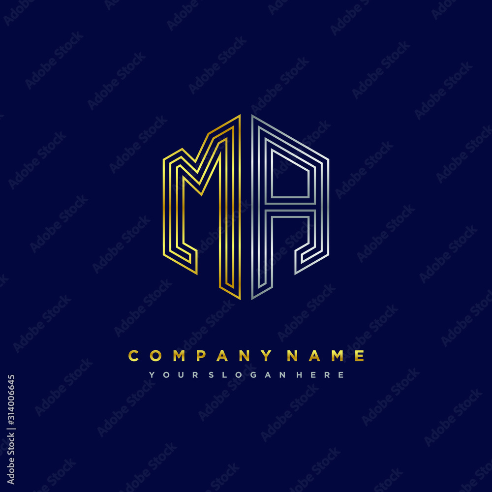 Initial letter MA, minimalist line art monogram hexagon logo, gold and silver color gradation Initial letter MA, minimalist line art monogram hexagon logo, gold and silver color gradation