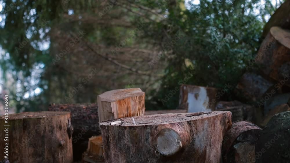 Close-up of chopping off a piece of wood with an ax. Close-up of chopping off a piece of wood with an ax.