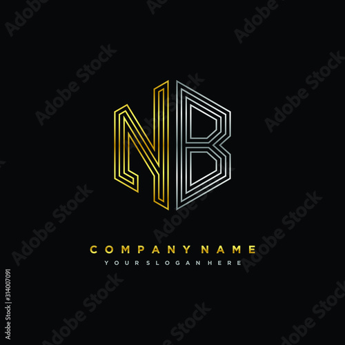 Initial letter NB, minimalist line art monogram hexagon logo, gold and silver color gradation