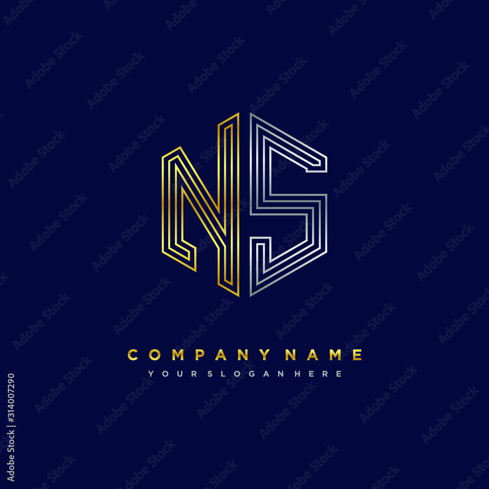 Initial letter NS, minimalist line art monogram hexagon logo, gold and silver color gradation