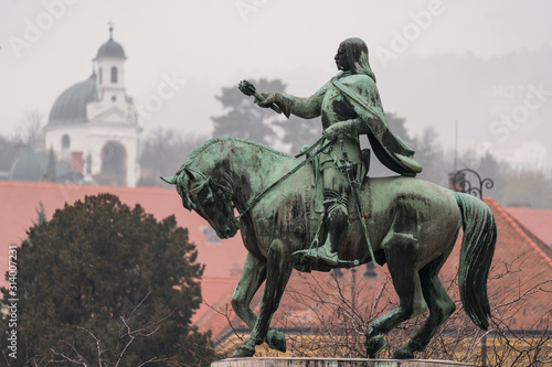 statue of Janos Hunyadi on Szechenyi Square in Pecs, Hungary