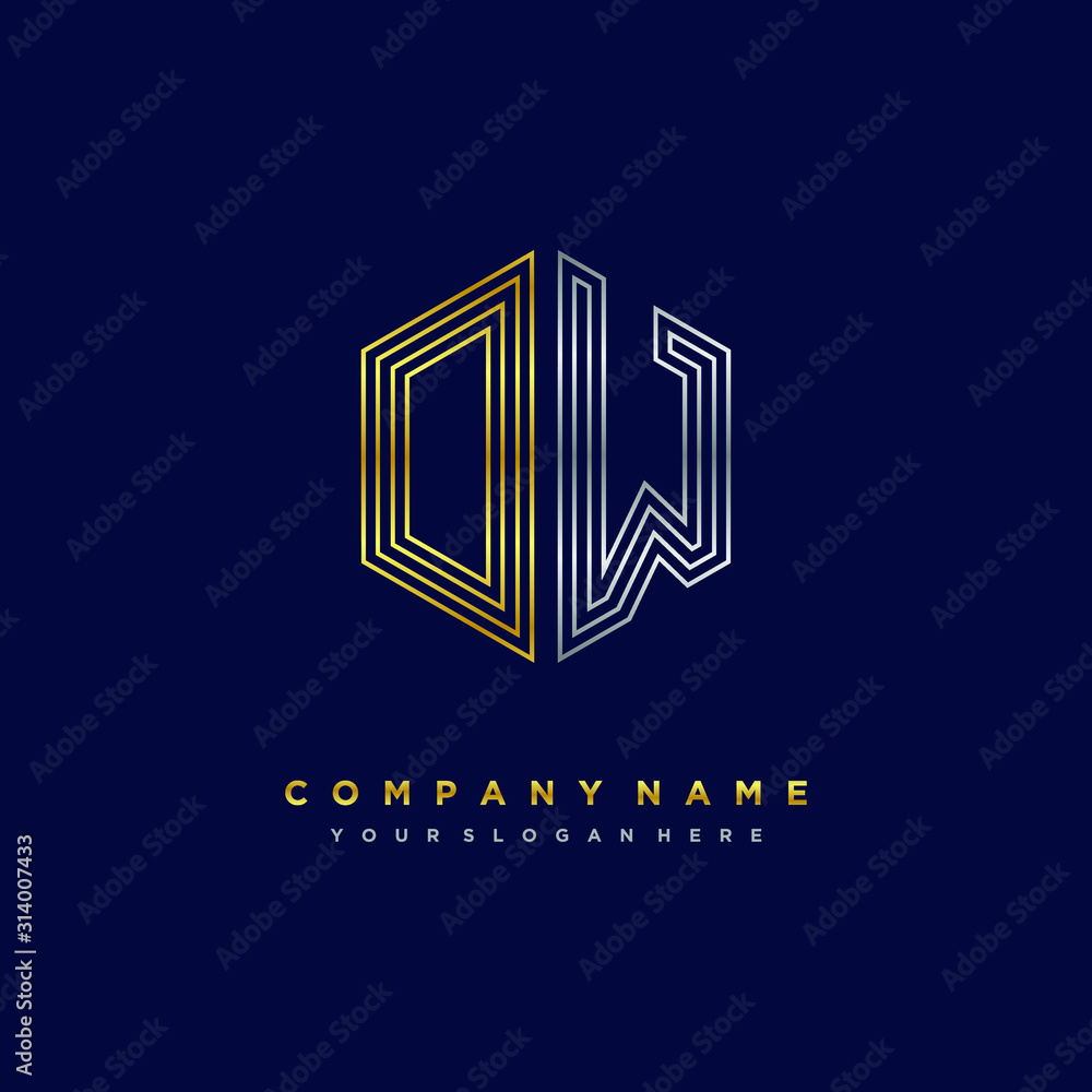 Initial letter OW, minimalist line art monogram hexagon logo, gold and silver color gradation Initial letter OW, minimalist line art monogram hexagon logo, gold and silver color gradation