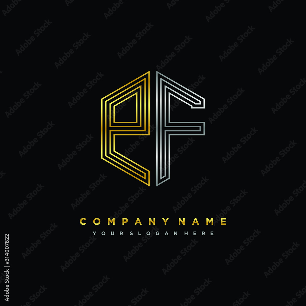 Initial letter PF, minimalist line art monogram hexagon logo, gold and silver color gradation Initial letter PF, minimalist line art monogram hexagon logo, gold and silver color gradation