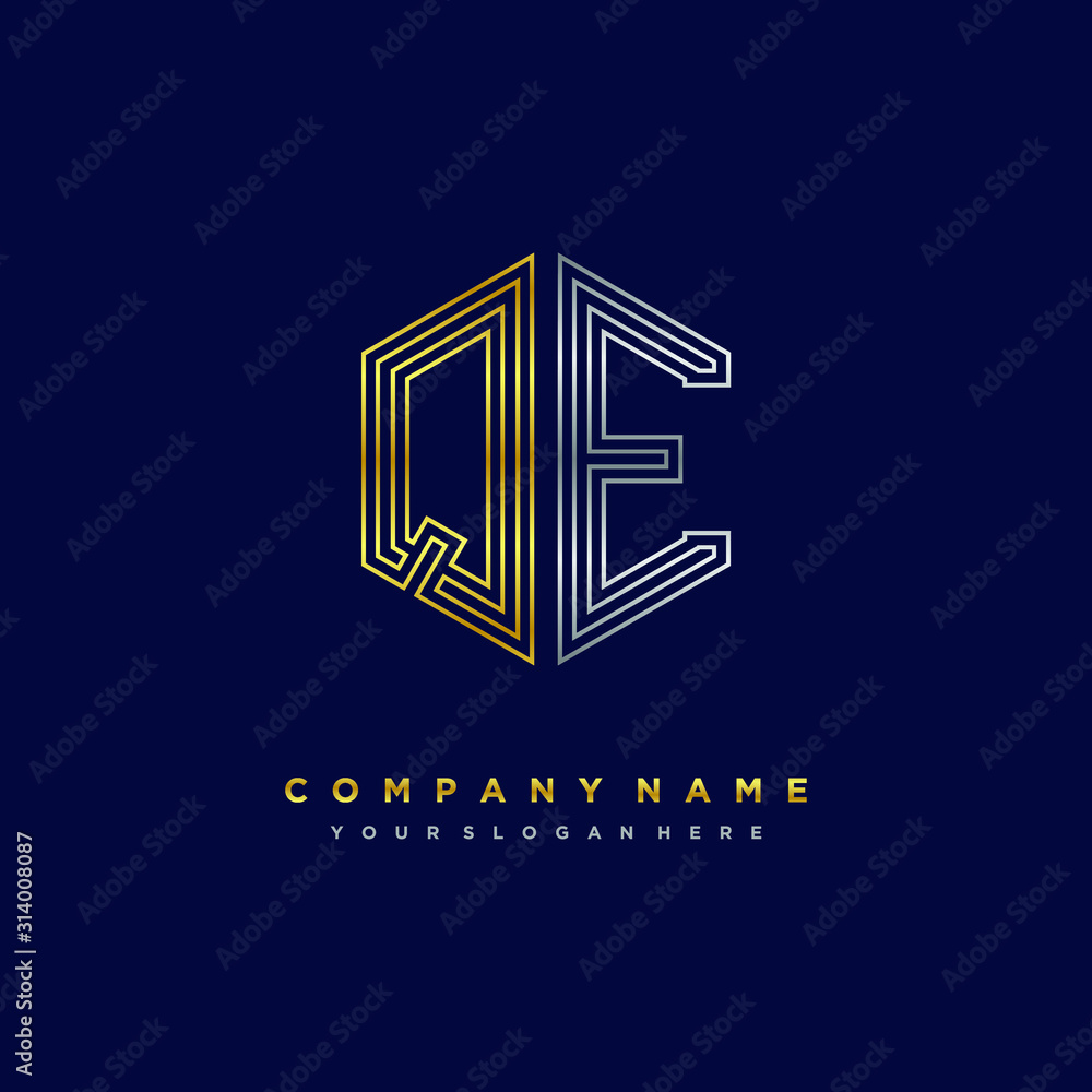Initial letter QE, minimalist line art monogram hexagon logo, gold and silver color gradation