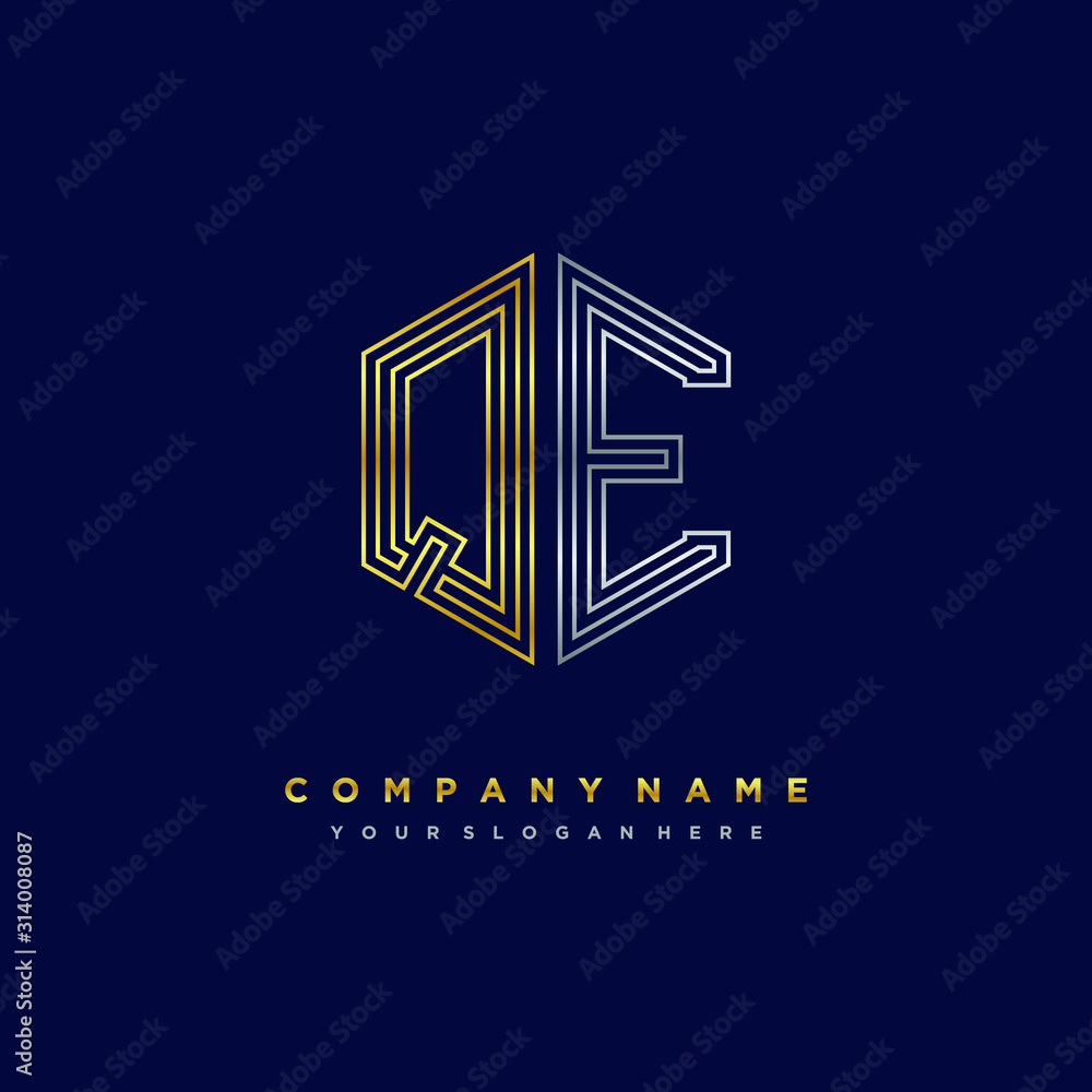 Initial letter QE, minimalist line art monogram hexagon logo, gold and silver color gradation Initial letter QE, minimalist line art monogram hexagon logo, gold and silver color gradation