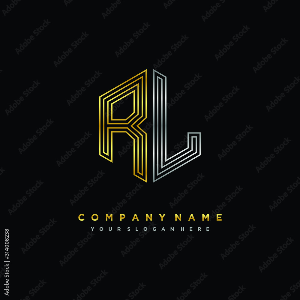 Initial letter RL, minimalist line art monogram hexagon logo, gold and silver color gradation