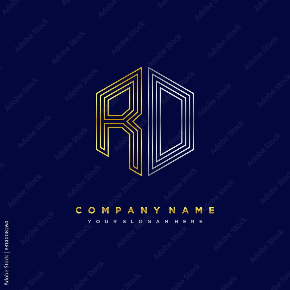 Initial letter RO, minimalist line art monogram hexagon logo, gold and silver color gradation Initial letter RO, minimalist line art monogram hexagon logo, gold and silver color gradation