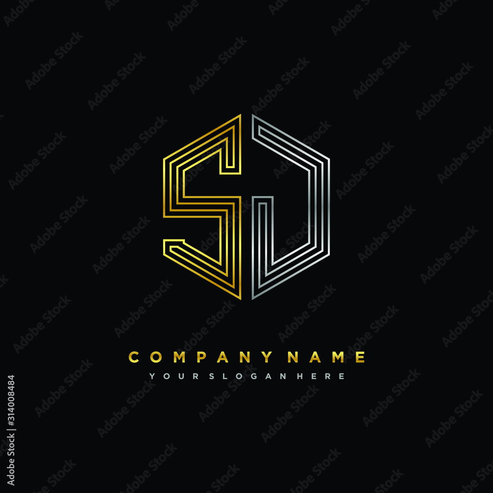 Initial letter SJ, minimalist line art monogram hexagon logo, gold and silver color gradation Initial letter SJ, minimalist line art monogram hexagon logo, gold and silver color gradation