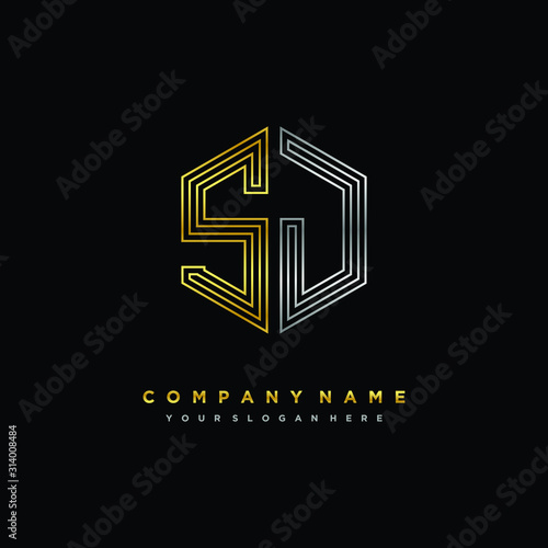 Initial letter SJ, minimalist line art monogram hexagon logo, gold and silver color gradation