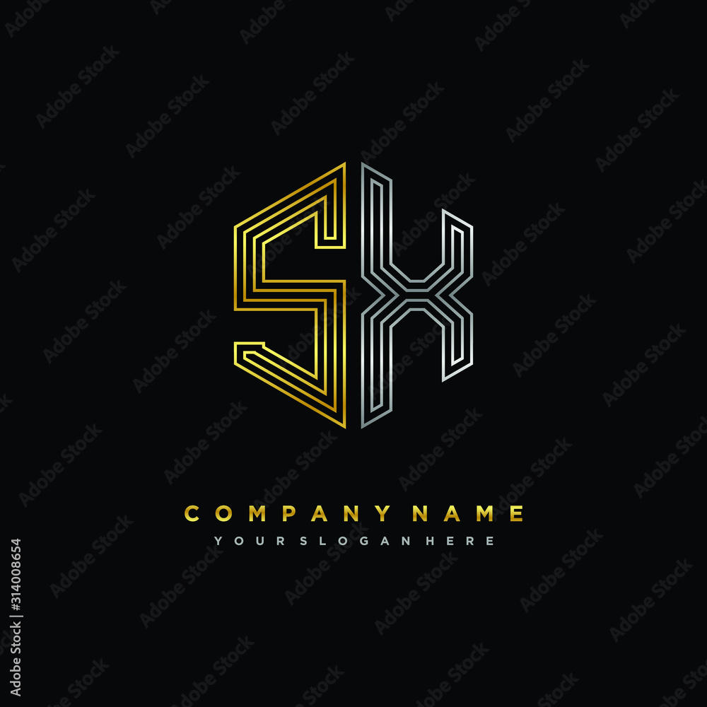 Initial letter SX, minimalist line art monogram hexagon logo, gold and silver color gradation Initial letter SX, minimalist line art monogram hexagon logo, gold and silver color gradation