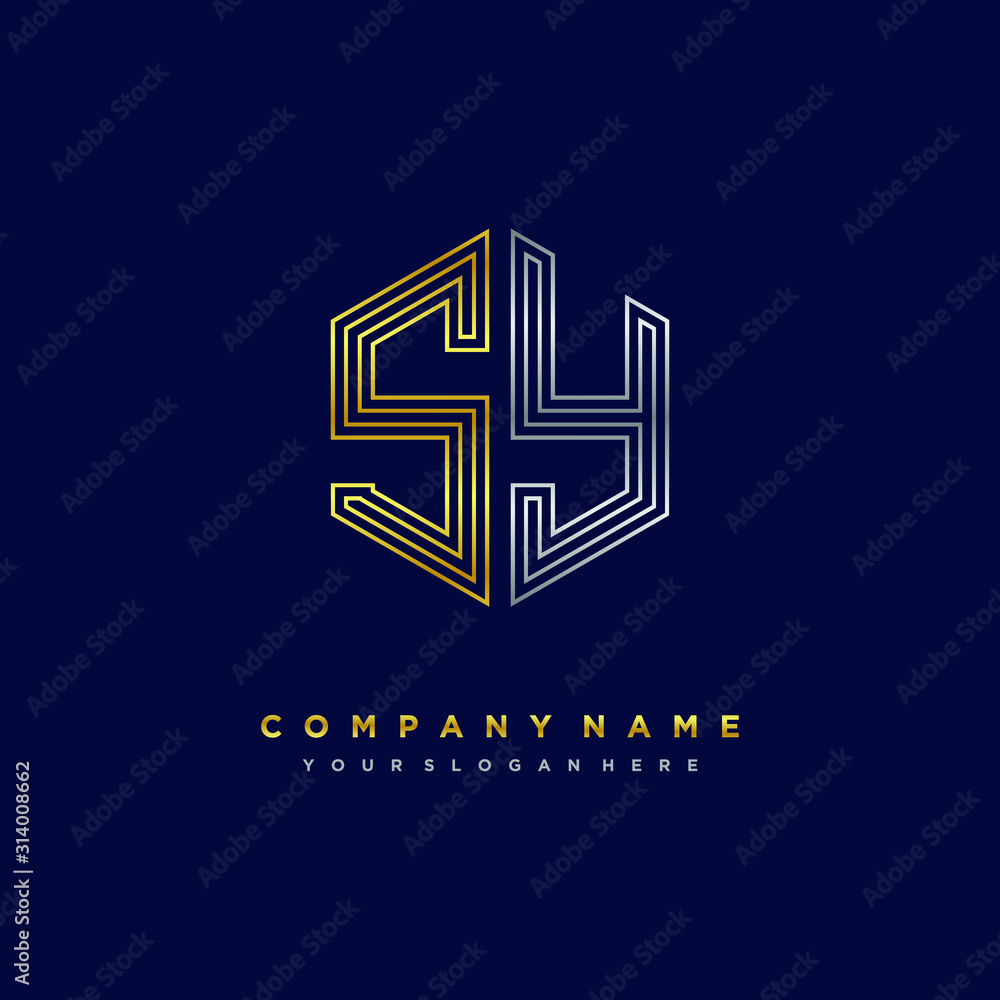 Initial letter SY, minimalist line art monogram hexagon logo, gold and silver color gradation Initial letter SY, minimalist line art monogram hexagon logo, gold and silver color gradation