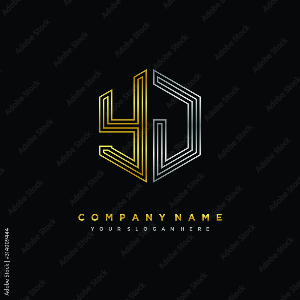 Initial letter YJ, minimalist line art monogram hexagon logo, gold and silver color gradation Initial letter YJ, minimalist line art monogram hexagon logo, gold and silver color gradation