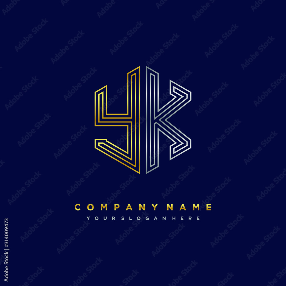 Initial letter YK, minimalist line art monogram hexagon logo, gold and silver color gradation Initial letter YK, minimalist line art monogram hexagon logo, gold and silver color gradation