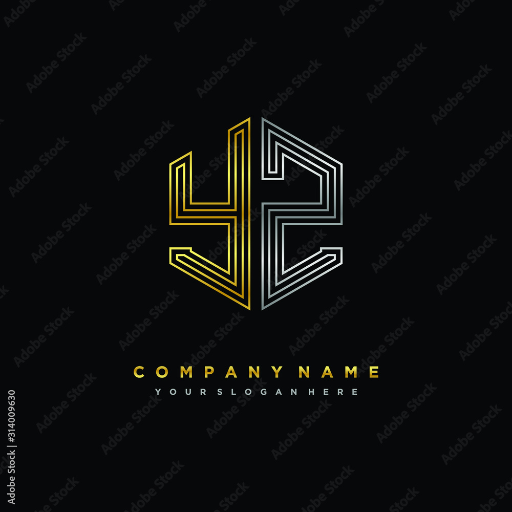 Initial letter YZ, minimalist line art monogram hexagon logo, gold and silver color gradation Initial letter YZ, minimalist line art monogram hexagon logo, gold and silver color gradation