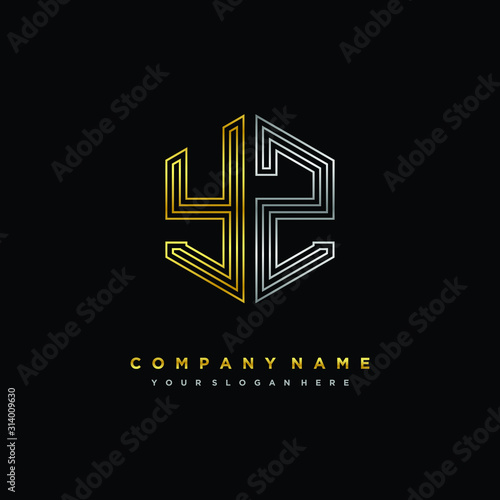 Initial letter YZ, minimalist line art monogram hexagon logo, gold and silver color gradation