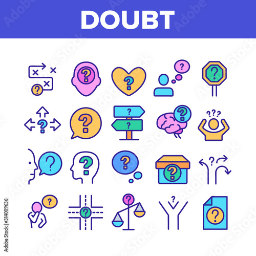 Doubt And Confusion Collection Icons Set Vector Thin Line. Doubt Human And Brain, Question Mark In Quote Frame And On Box Concept Linear Pictograms. Color Illustrations