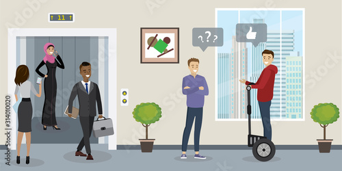 Hallway in office building. Business people in various poses,open elevator.