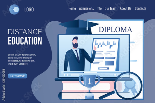 Online education or business training webpage template. Distance education landing page. Books and laptop pc with video course