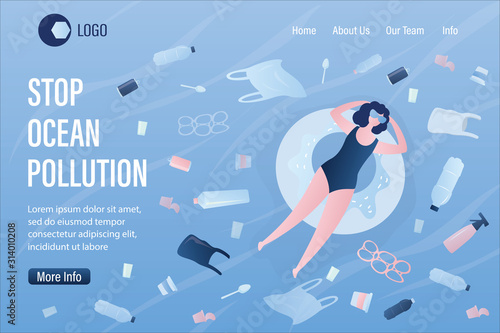 Stop ocean pollution landing page template. Various plastic garbage in sea. Woman floats on an rubber ring in dirty water.