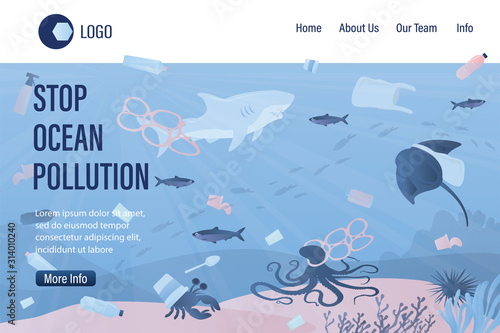 Underwater world with plastic trash and various garbage. Stop ocean pollution landing page template.