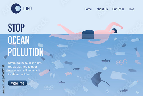 Stop ocean pollution landing page template. Plastic trash and various garbage in sea water. Man swimming in dirty water.