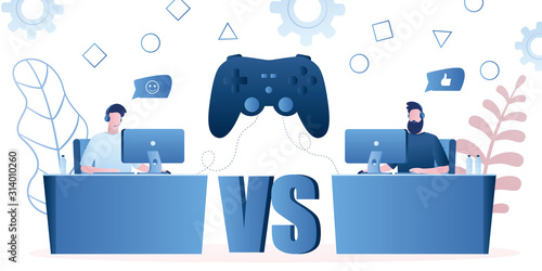 Two professional gamers and big game controller.Guys with headsets at the table at computer playing video games.